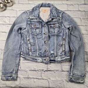 Lost Cropped Distressed Western Denim Jacket Decorative Silver Buttons sz Small